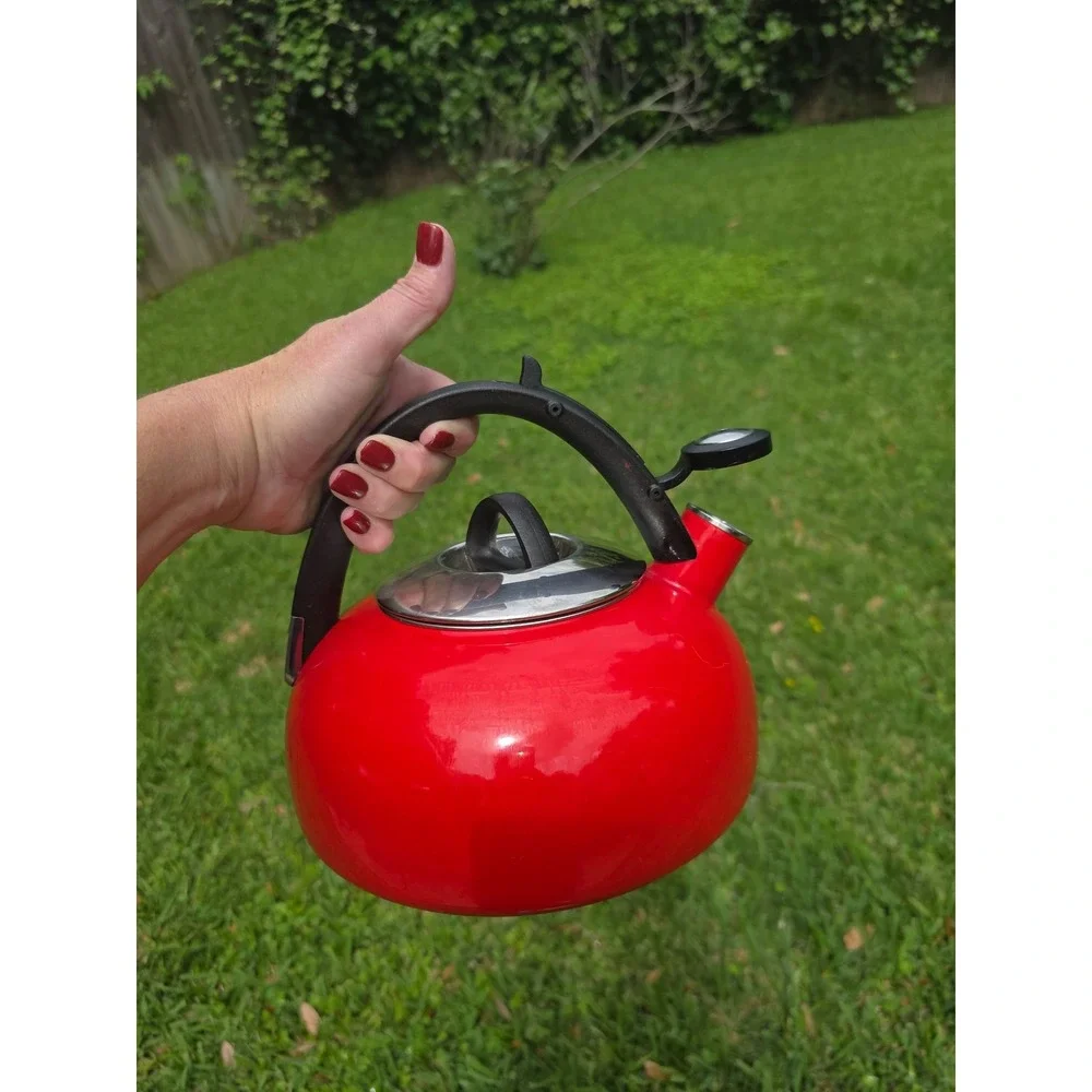 Red Enamel Whistling Tea Kettle Stovetop Water Pot with Black Handle